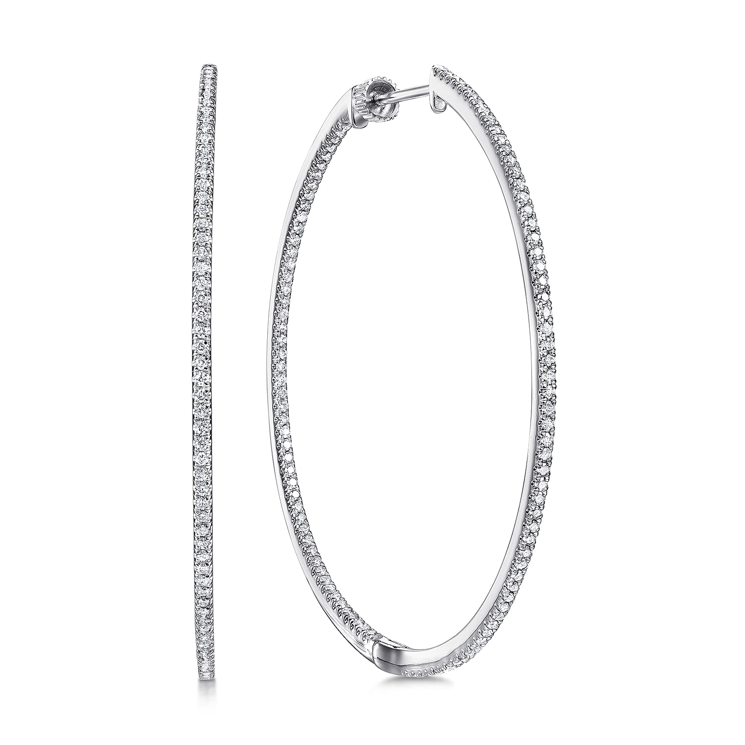 14K White Gold French Pave 50mm Round Inside Out Diamond Hoop Earrings - 1.3 ct - Shot 1
