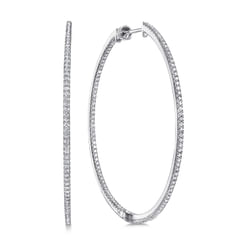 14K White Gold French Pave 50mm Round Inside Out Diamond Hoop Earrings