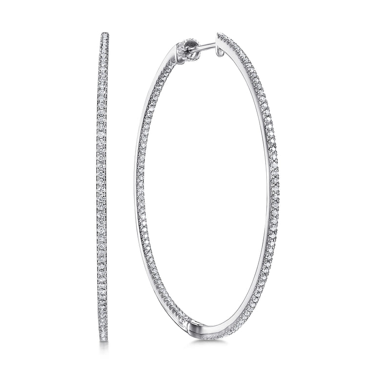 14K White Gold French Pave 50mm Round Inside Out Diamond Hoop Earrings - 1.3 ct - Shot 1