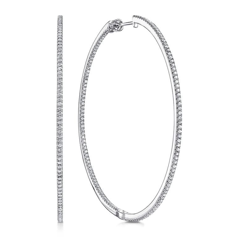 14K White Gold French Pave 60mm Round Inside Out Diamond Hoop Earrings - 1.5 ct - Shot 1