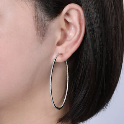 14K White Gold French Pave 60mm Round Inside Out Diamond Hoop Earrings