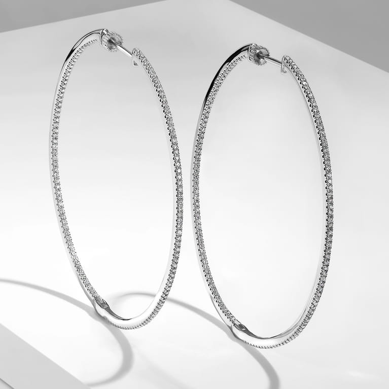 14K White Gold French Pave 60mm Round Inside Out Diamond Hoop Earrings - 1.5 ct - Shot 5