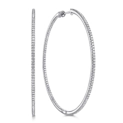 14K White Gold French Pave 60mm Round Inside Out Diamond Hoop Earrings