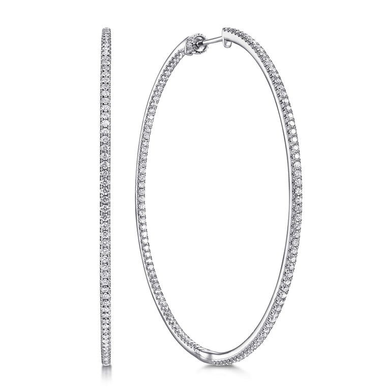 14K White Gold French Pave 60mm Round Inside Out Diamond Hoop Earrings - 2.2 ct - Shot 1