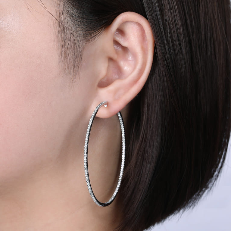 14K White Gold French Pave 60mm Round Inside Out Diamond Hoop Earrings - 2.2 ct - Shot 4