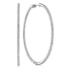 14K White Gold French Pave 60mm Round Inside Out Diamond Hoop Earrings