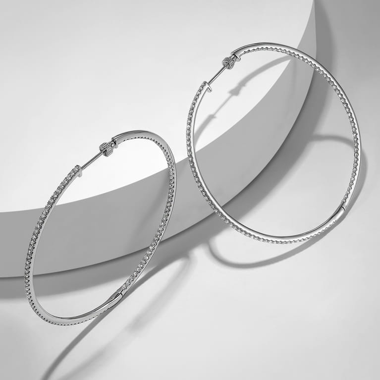 14K White Gold French Pave 60mm Round Inside Out Diamond Hoop Earrings - 2.9 ct - Shot 5