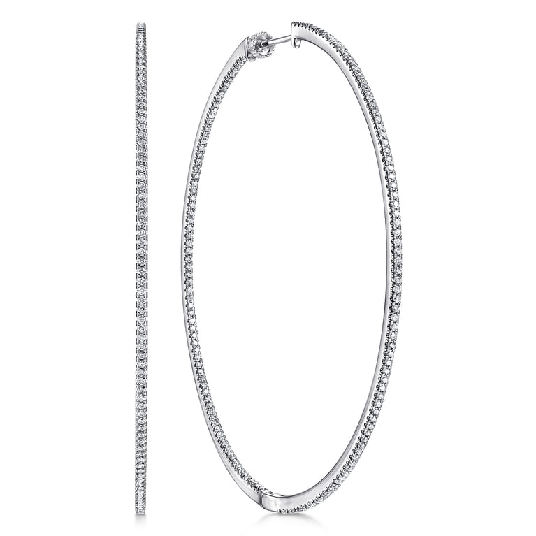 14K White Gold French Pave 70mm Round Inside Out Diamond Hoop Earrings - 1.8 ct - Shot 1