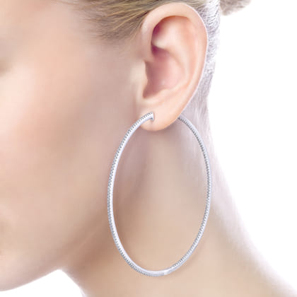 14K White Gold French Pave 70mm Round Inside Out Diamond Hoop Earrings