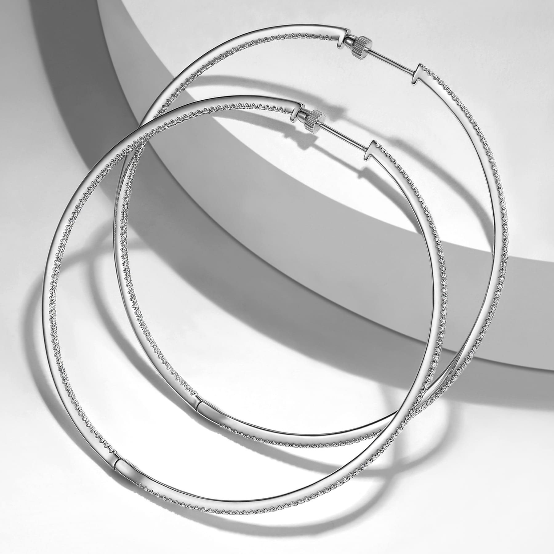 14K White Gold French Pave 70mm Round Inside Out Diamond Hoop Earrings - 1.8 ct - Shot 5