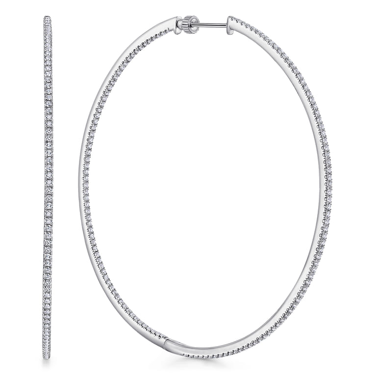 14K White Gold French Pave 70mm Round Inside Out Diamond Hoop Earrings - 2.55 ct - Shot 1