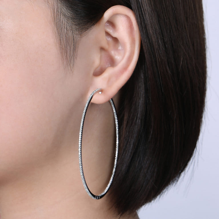 14K White Gold French Pave 70mm Round Inside Out Diamond Hoop Earrings - 2.55 ct - Shot 4