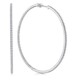 14K White Gold French Pave 70mm Round Inside Out Diamond Hoop Earrings