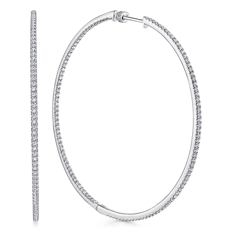 14K White Gold French Pave 70mm Round Inside Out Diamond Hoop Earrings - 3.4 ct - Shot 1