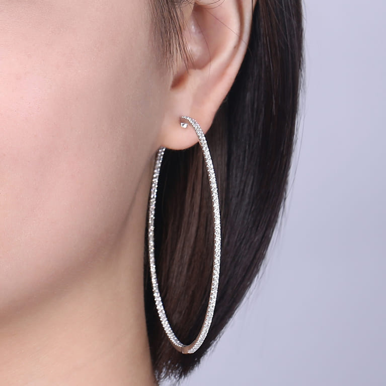 14K White Gold French Pave 70mm Round Inside Out Diamond Hoop Earrings - 3.4 ct - Shot 4