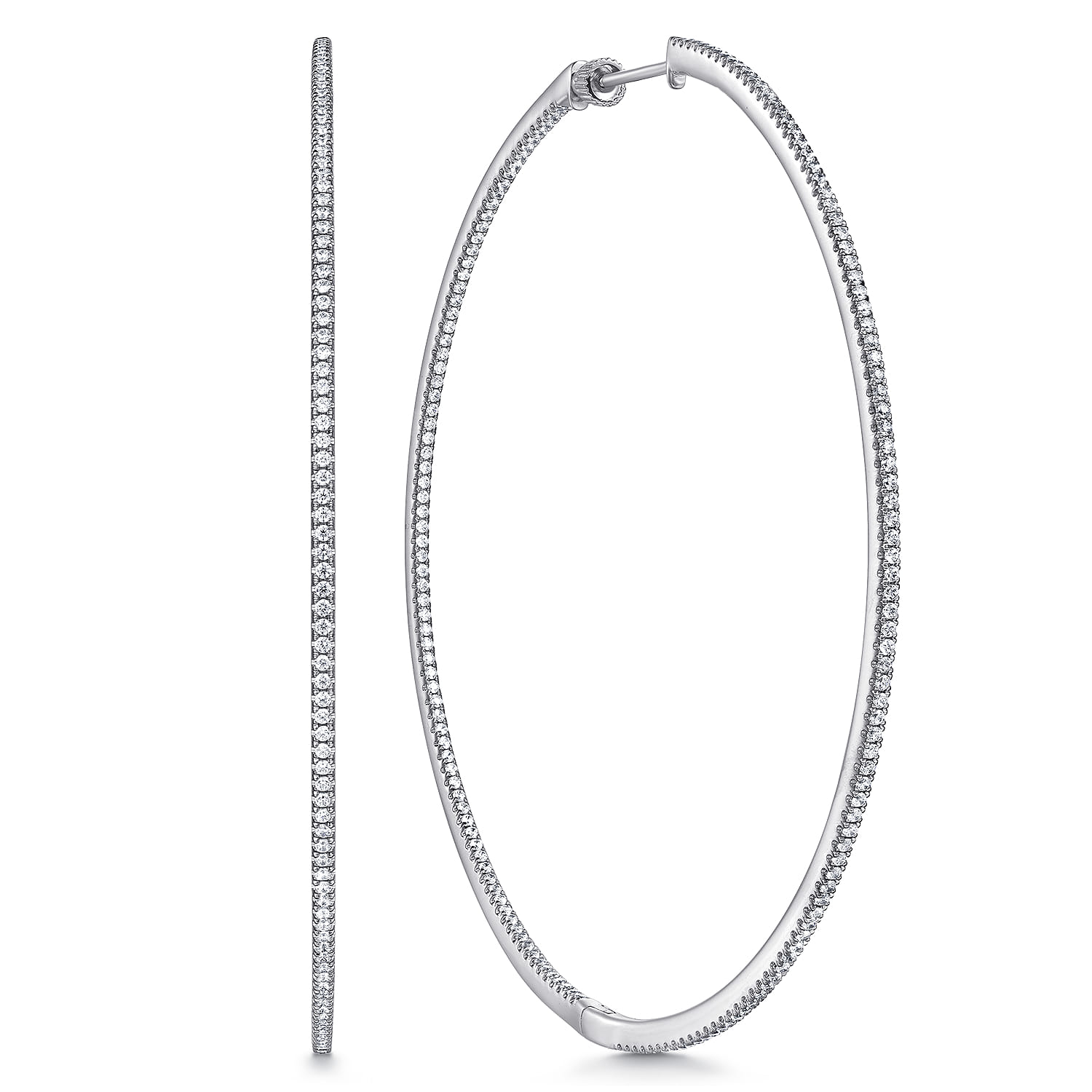 14K White Gold French Pave 80mm Round Inside Out Diamond Hoop Earrings - 1.9 ct - Shot 1