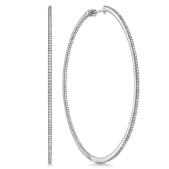 14K White Gold French Pave 80mm Round Inside Out Diamond Hoop Earrings