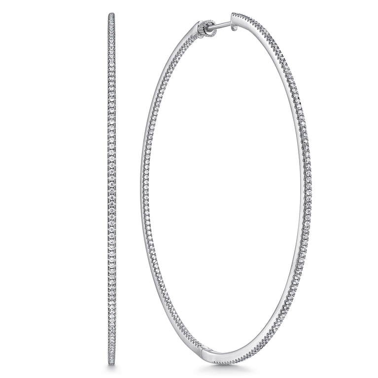 14K White Gold French Pave 80mm Round Inside Out Diamond Hoop Earrings - 1.9 ct - Shot 1
