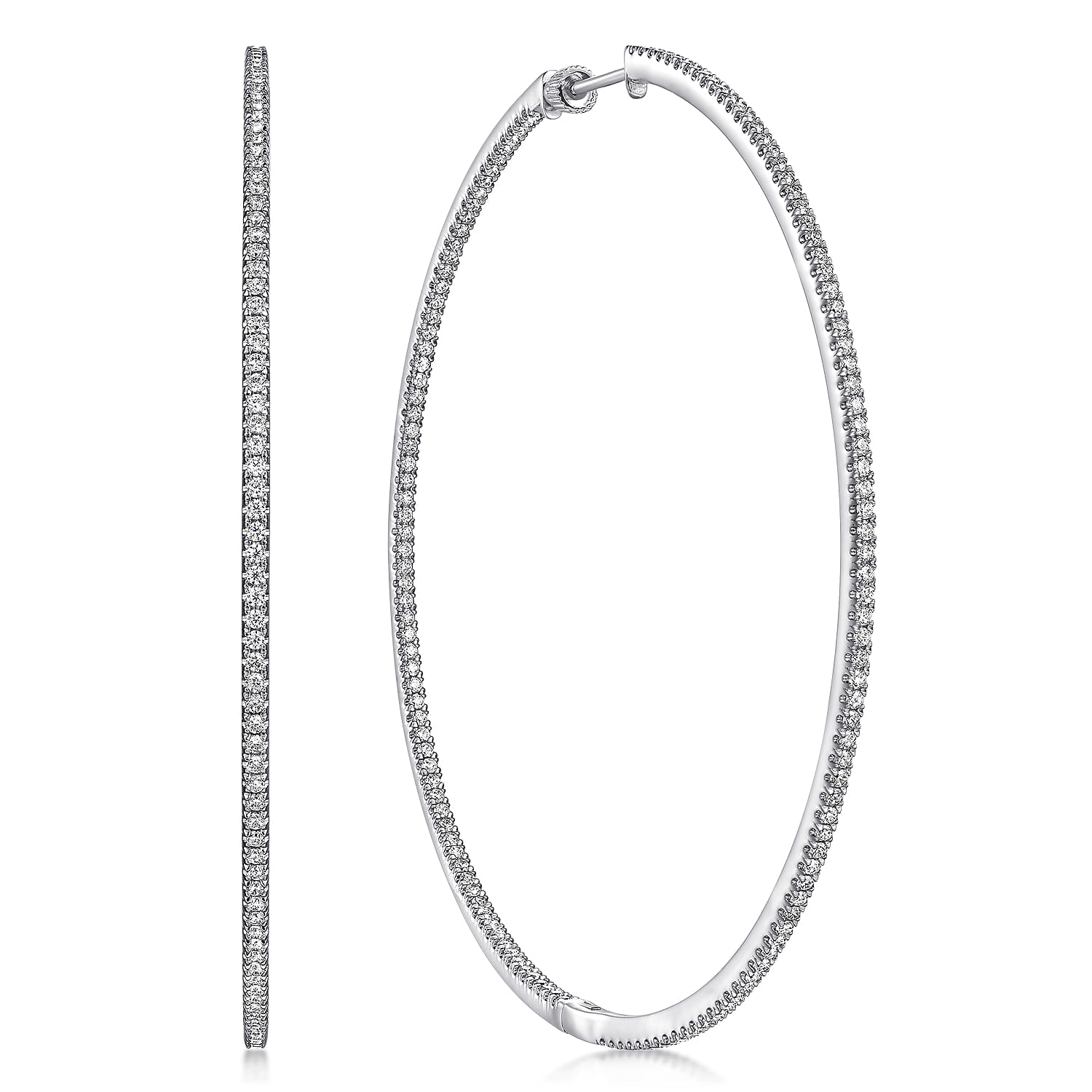 14K White Gold French Pave 80mm Round Inside Out Diamond Hoop Earrings - 2.75 ct - Shot 1