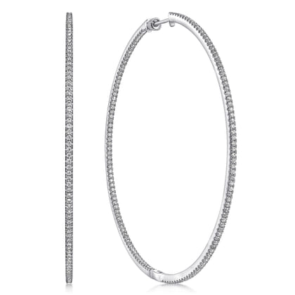 14K White Gold French Pave 80mm Round Inside Out Diamond Hoop Earrings