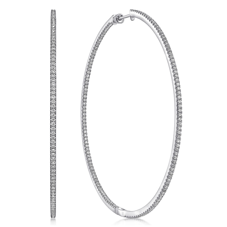 14K White Gold French Pave 80mm Round Inside Out Diamond Hoop Earrings - 2.75 ct - Shot 1