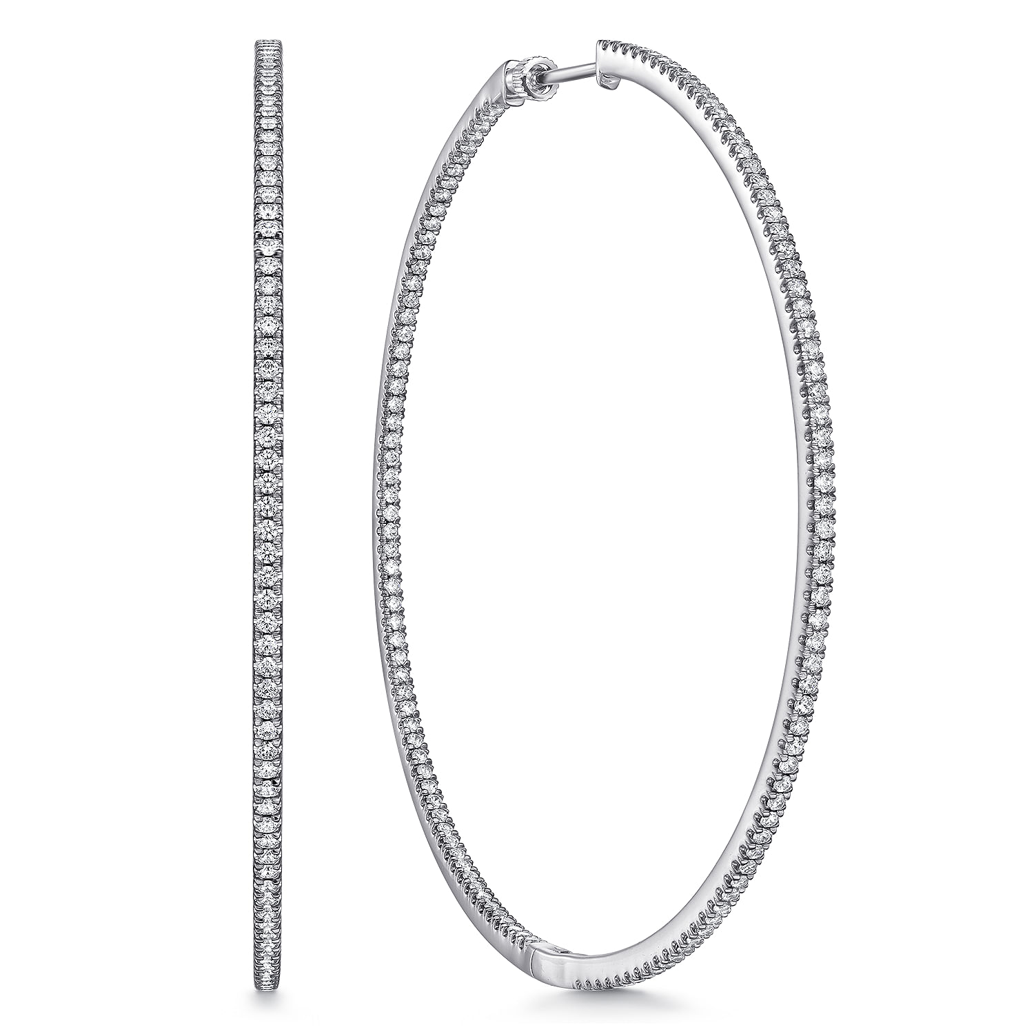 14K White Gold French Pave 80mm Round Inside Out Diamond Hoop Earrings - 3.6 ct - Shot 1