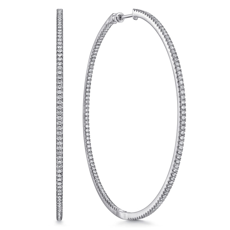 14K White Gold French Pave 80mm Round Inside Out Diamond Hoop Earrings - 3.6 ct - Shot 1