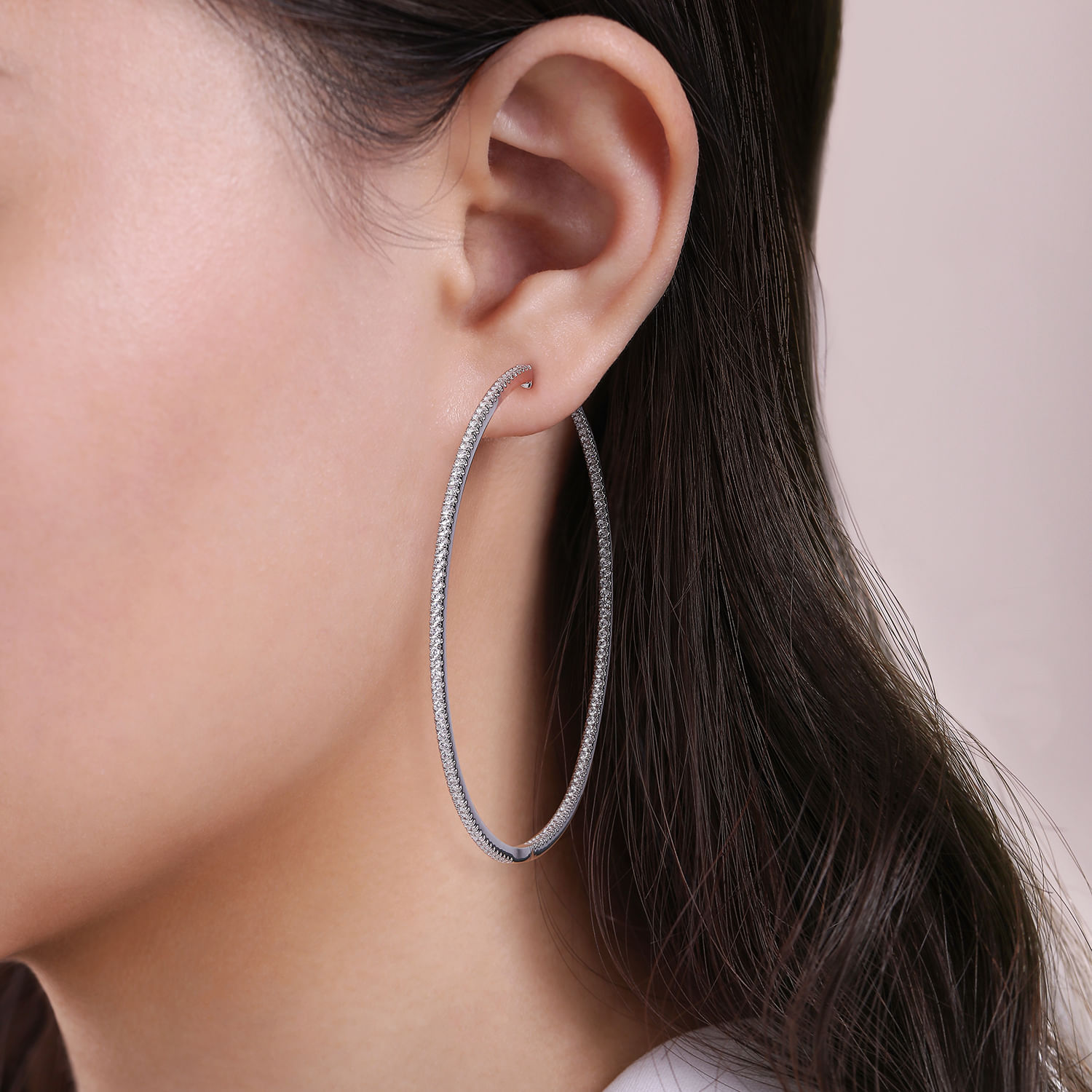 14K White Gold French Pave 80mm Round Inside Out Diamond Hoop Earrings - 3.6 ct - Shot 2