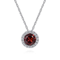 14K White Gold Garnet and Diamond Halo Pendant Necklace