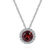 14K White Gold Garnet and Diamond Halo Pendant Necklace