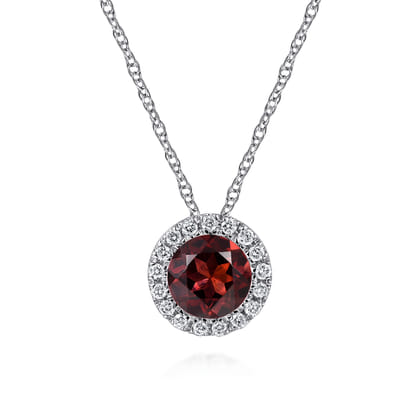 14K White Gold Garnet and Diamond Halo Pendant Necklace