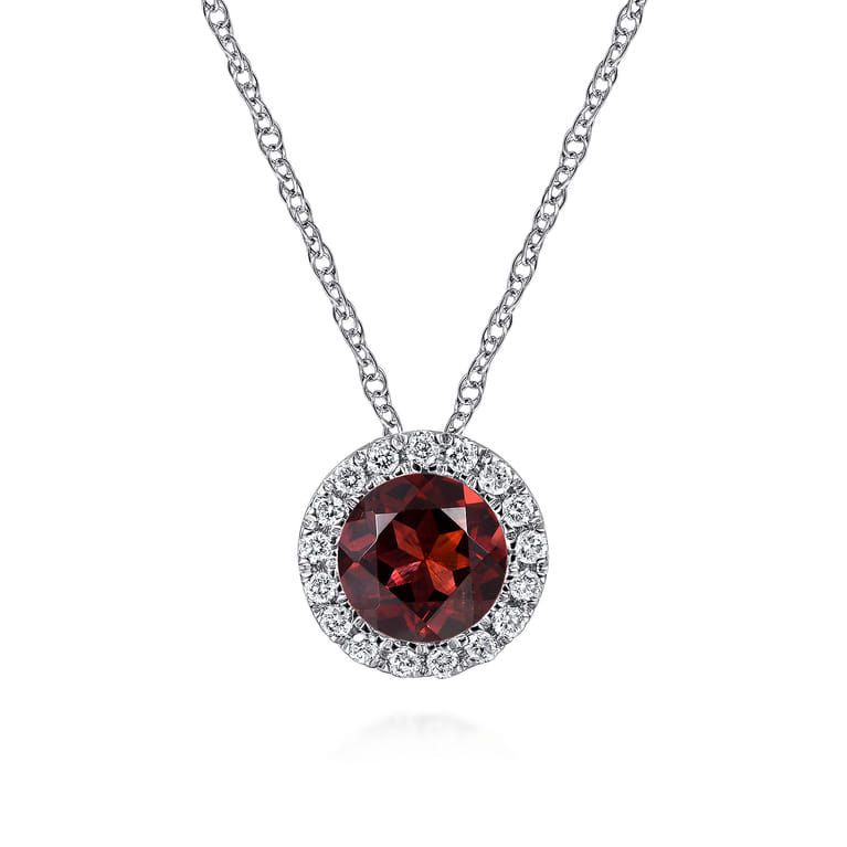 14K White Gold Garnet and Diamond Halo Pendant Necklace - 0.07 ct - Shot 1