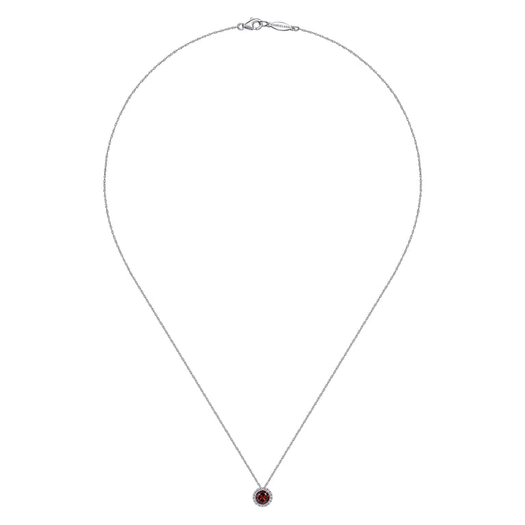 14K White Gold Garnet and Diamond Halo Pendant Necklace - 0.07 ct - Shot 2