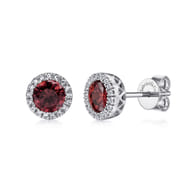 14K White Gold Garnet and Diamond Halo Stud Earrings