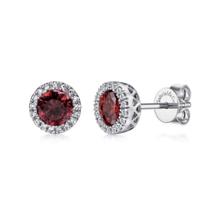 14K White Gold Garnet and Diamond Halo Stud Earrings