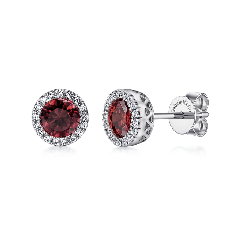 14K White Gold Garnet and Diamond Halo Stud Earrings - 0.1 ct - Shot 1