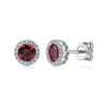 14K White Gold Garnet and Diamond Halo Stud Earrings - 0.1 ct