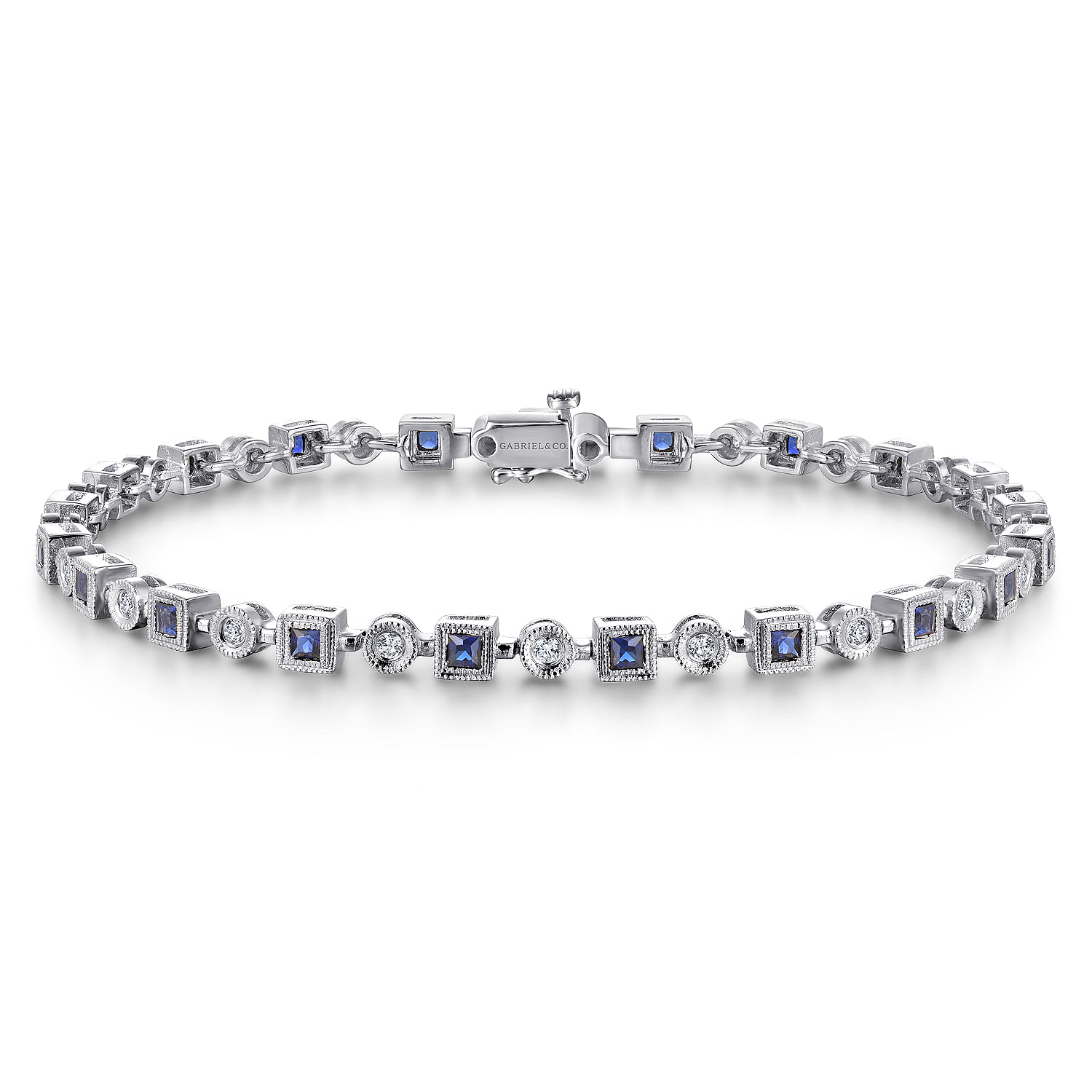 14K White Gold Geometric Diamond and Sapphire Tennis Bracelet