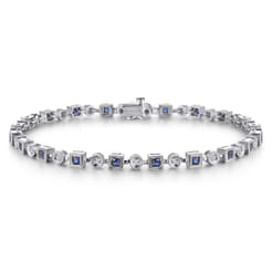 14K White Gold Geometric Diamond and Sapphire Tennis Bracelet