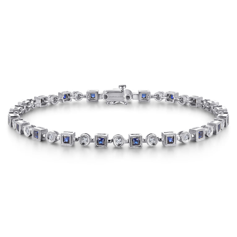 14K White Gold Geometric Diamond and Sapphire Tennis Bracelet - 0.3 ct - Shot 1