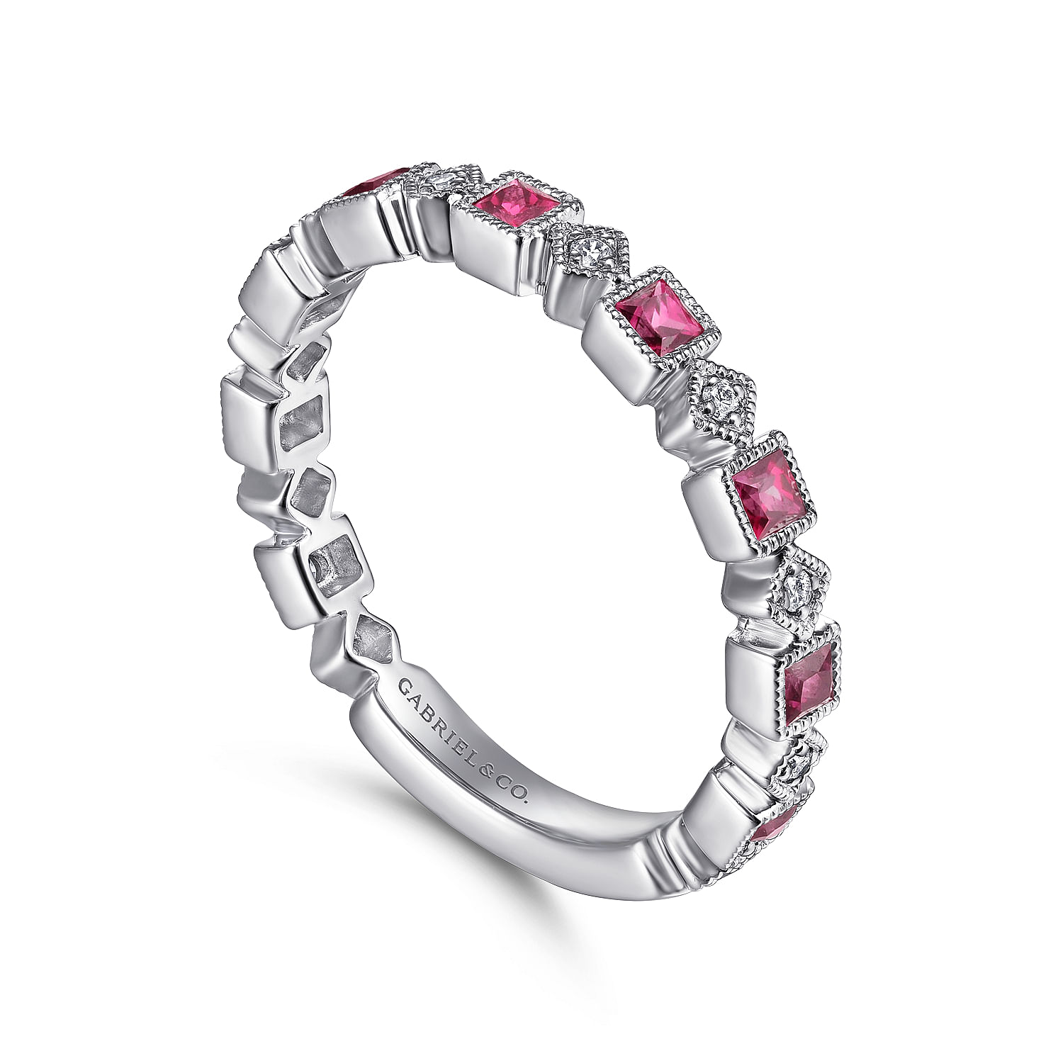 14K White Gold Geometric Ruby and Diamond Stackable Ring - 0.07 ct - Shot 3