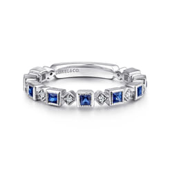 14K White Gold Geometric Sapphire and Diamond Stackable Ring