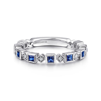14K White Gold Geometric Sapphire and Diamond Stackable Ring