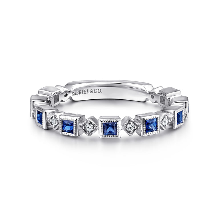 14K White Gold Geometric Sapphire and Diamond Stackable Ring - 0.07 ct - Shot 1