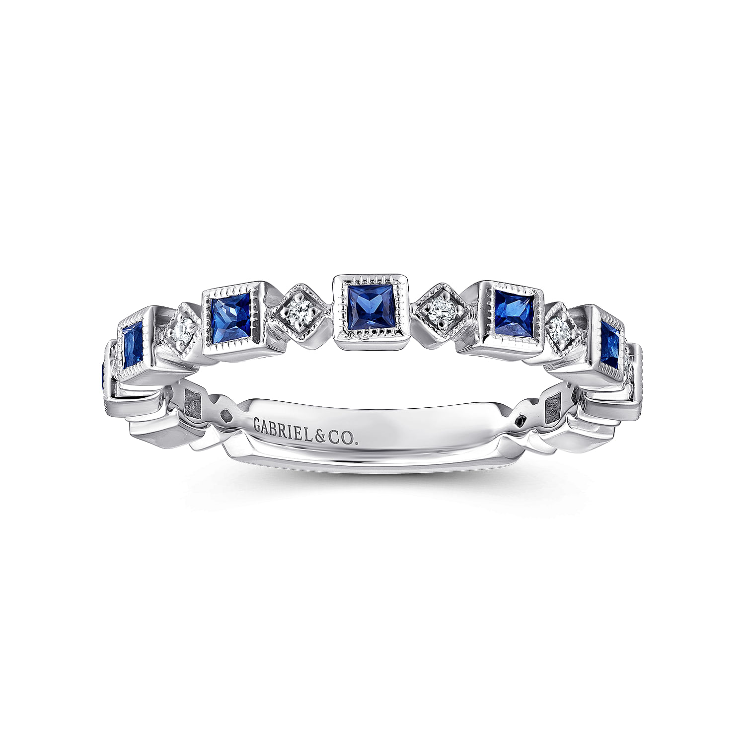 14K White Gold Geometric Sapphire and Diamond Stackable Ring - 0.07 ct - Shot 4