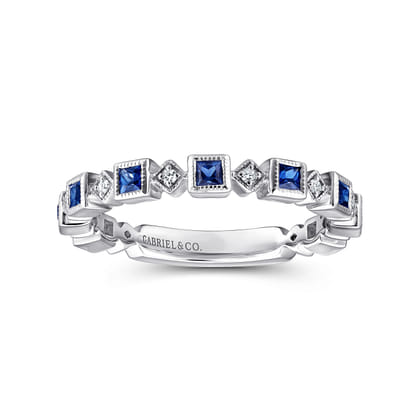 14K White Gold Geometric Sapphire and Diamond Stackable Ring