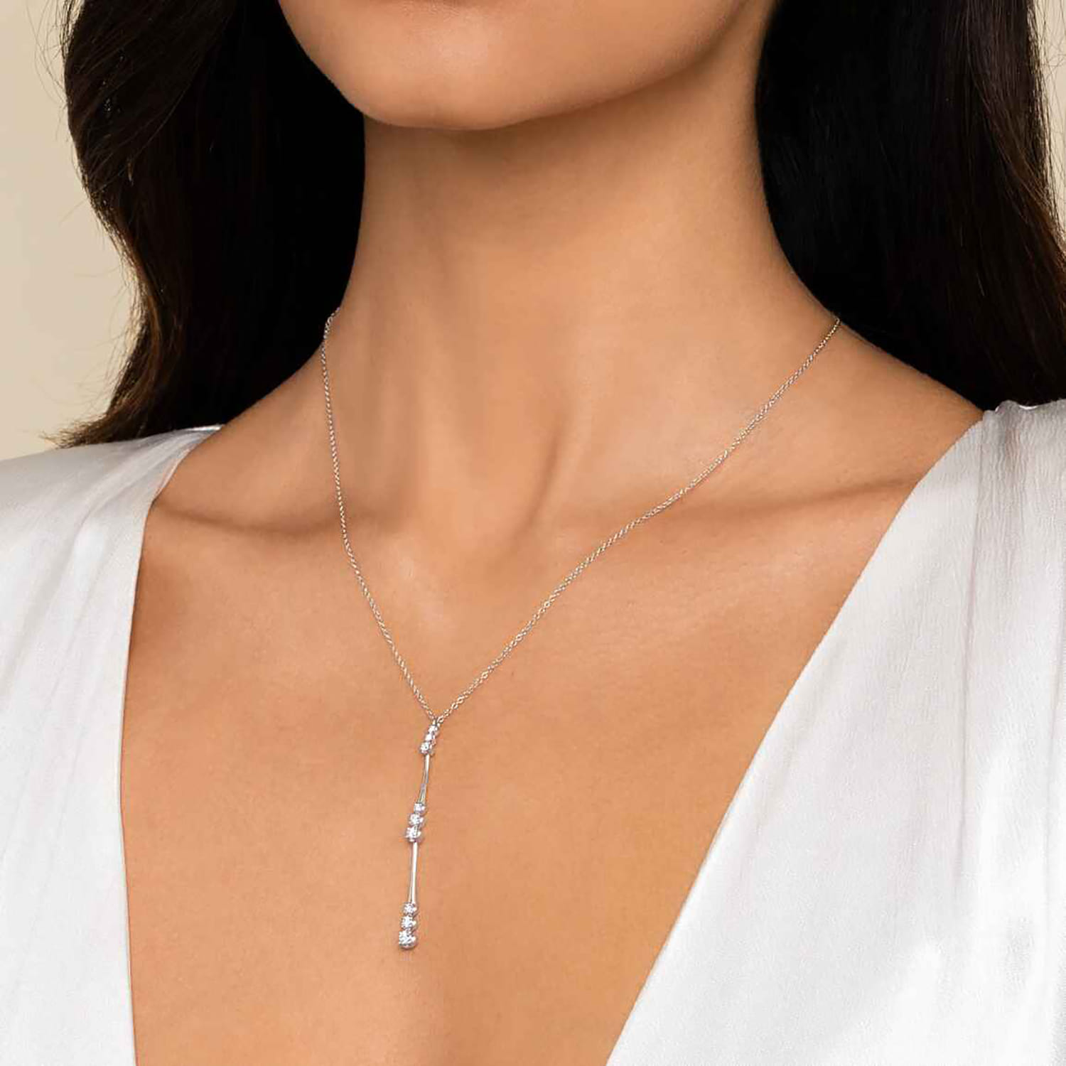 14K White Gold Graduated Diamond Station Drop Y Necklace - 0.35 ct - Shot 3