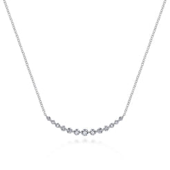 14K White Gold Graduated Round Diamond Curved Bar Necklace