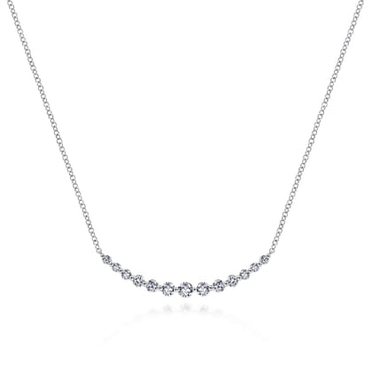 14K White Gold Graduated Round Diamond Curved Bar Necklace