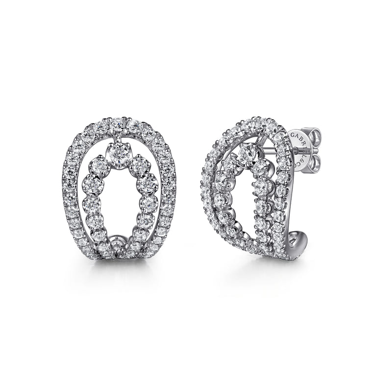 14K White Gold Graduating Diamond J Hoop Earrings - 1.3 ct - Shot 1
